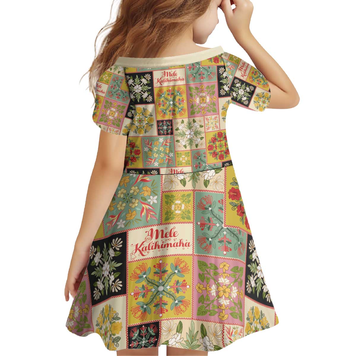 Mele Kalikimaka Hawaii Christmas Kid Short Sleeve Dress Melemele Mama Seamless Floral Motif - Polynesian Pride