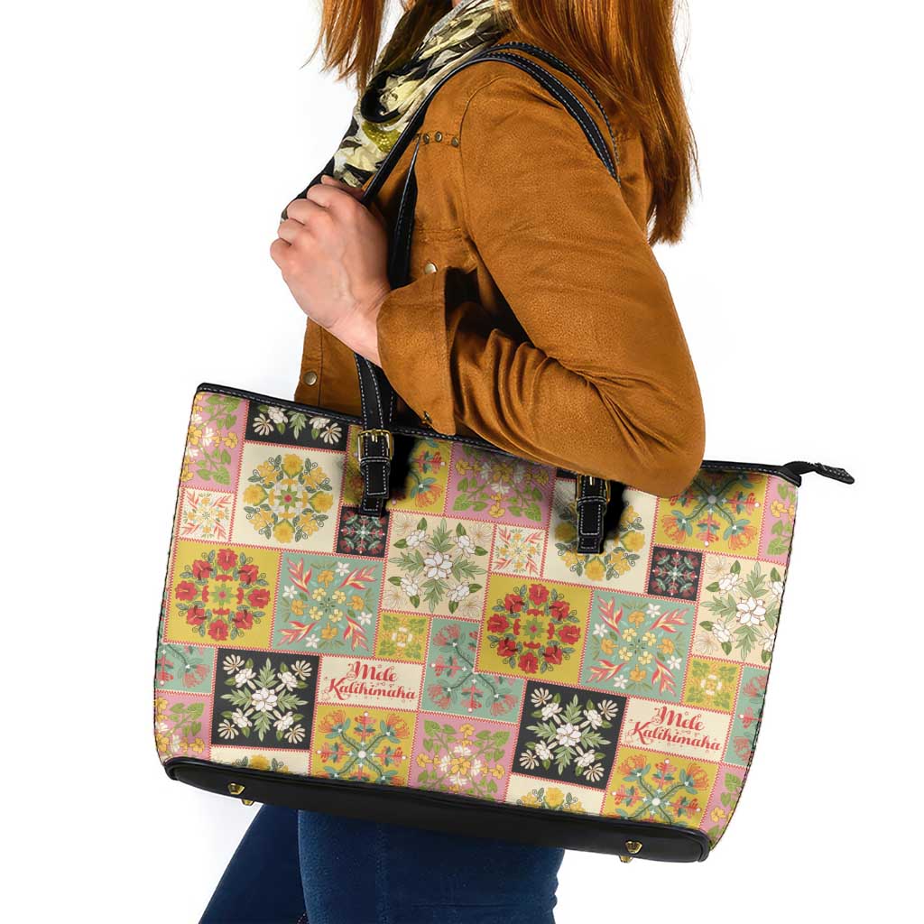 Mele Kalikimaka Hawaii Christmas Leather Tote Bag Melemele Mama Seamless Floral Motif - Polynesian Pride