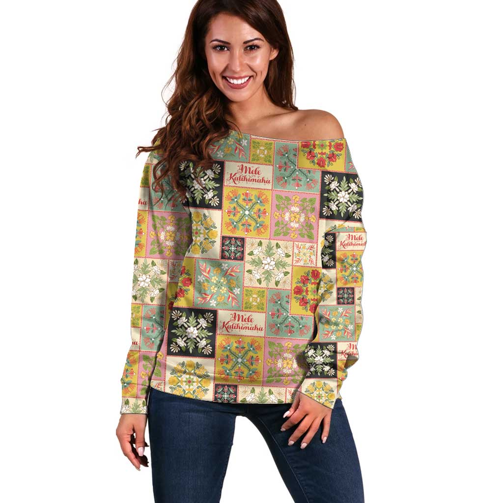 Mele Kalikimaka Hawaii Christmas Off Shoulder Sweater Melemele Mama Seamless Floral Motif - Polynesian Pride