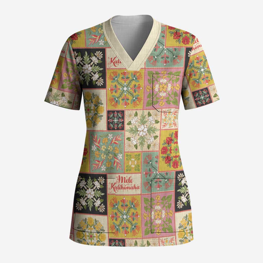 Mele Kalikimaka Hawaii Christmas Scrub Top Melemele Mama Seamless Floral Motif - Polynesian Pride