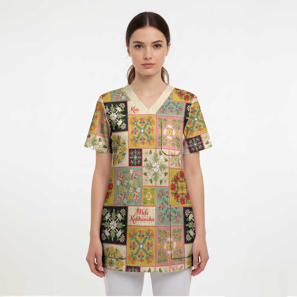 Mele Kalikimaka Hawaii Christmas Scrub Top Melemele Mama Seamless Floral Motif - Polynesian Pride