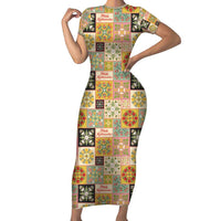 Mele Kalikimaka Hawaii Christmas Short Sleeve Bodycon Dress Melemele Mama Seamless Floral Motif - Polynesian Pride