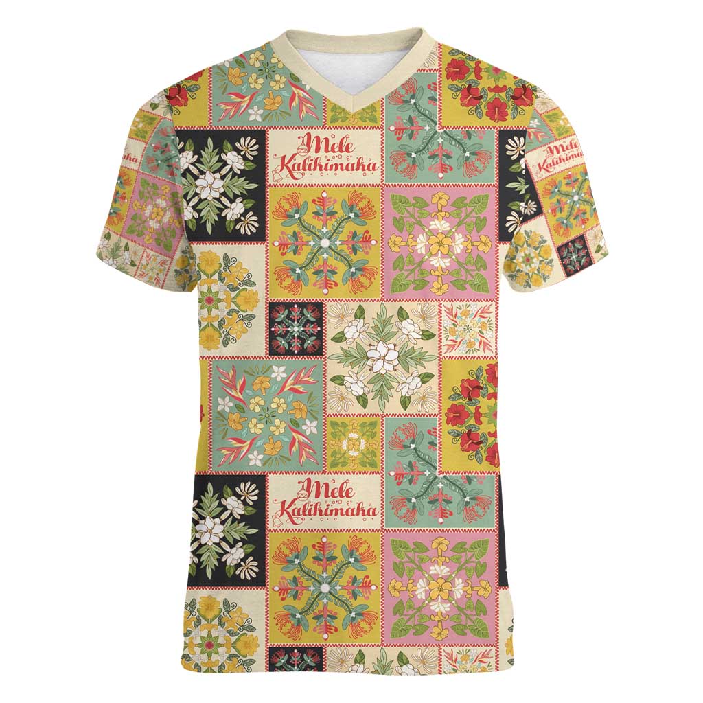 Mele Kalikimaka Hawaii Christmas Women V-Neck T-Shirt Melemele Mama Seamless Floral Motif - Polynesian Pride