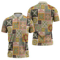 Mele Kalikimaka Hawaii Christmas Zipper Polo Shirt Melemele Mama Seamless Floral Motif - Polynesian Pride