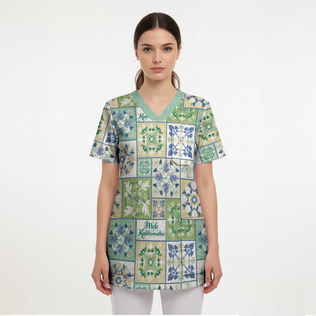 Mele Kalikimaka Hawaii Christmas Scrub Top Omaomao Seamless Floral Motif - Polynesian Pride