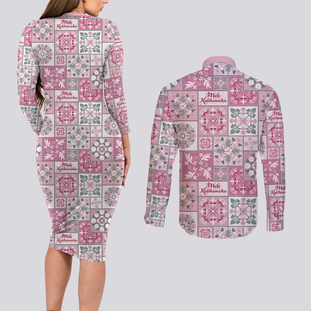 Mele Kalikimaka Hawaii Christmas Couples Matching Long Sleeve Bodycon Dress and Long Sleeve Button Shirt Akala Seamless Floral Motif - Polynesian Pride
