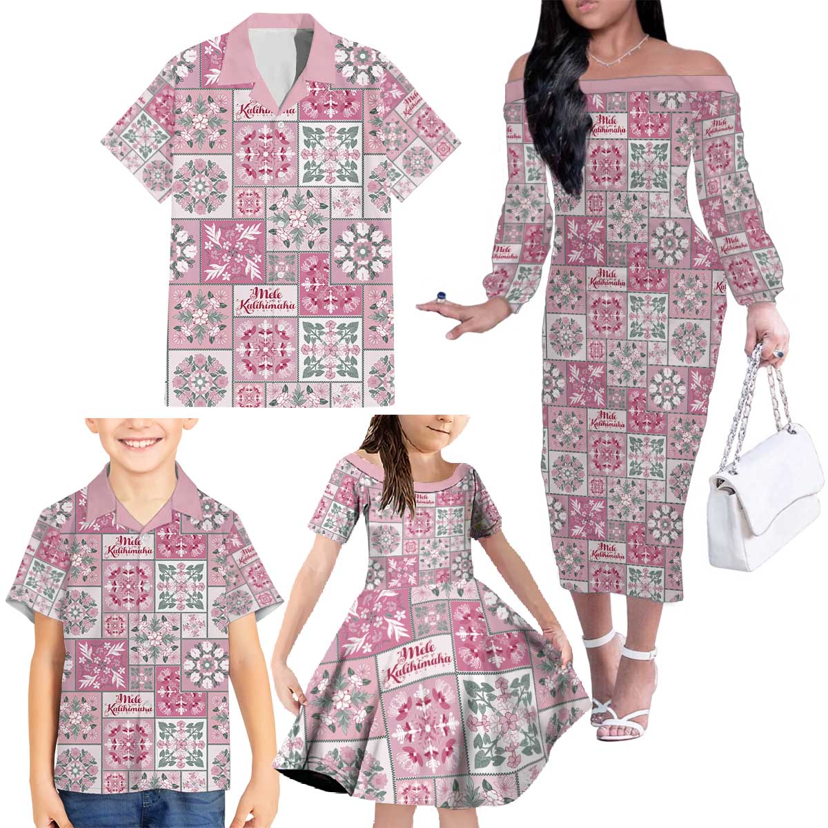 Mele Kalikimaka Hawaii Christmas Family Matching Off The Shoulder Long Sleeve Dress and Hawaiian Shirt Akala Seamless Floral Motif - Polynesian Pride