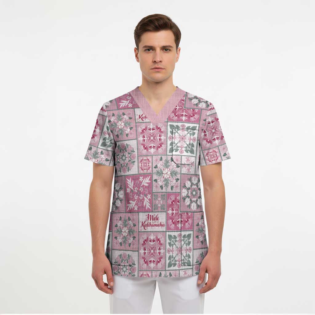 Mele Kalikimaka Hawaii Christmas Scrub Top Akala Seamless Floral Motif - Polynesian Pride