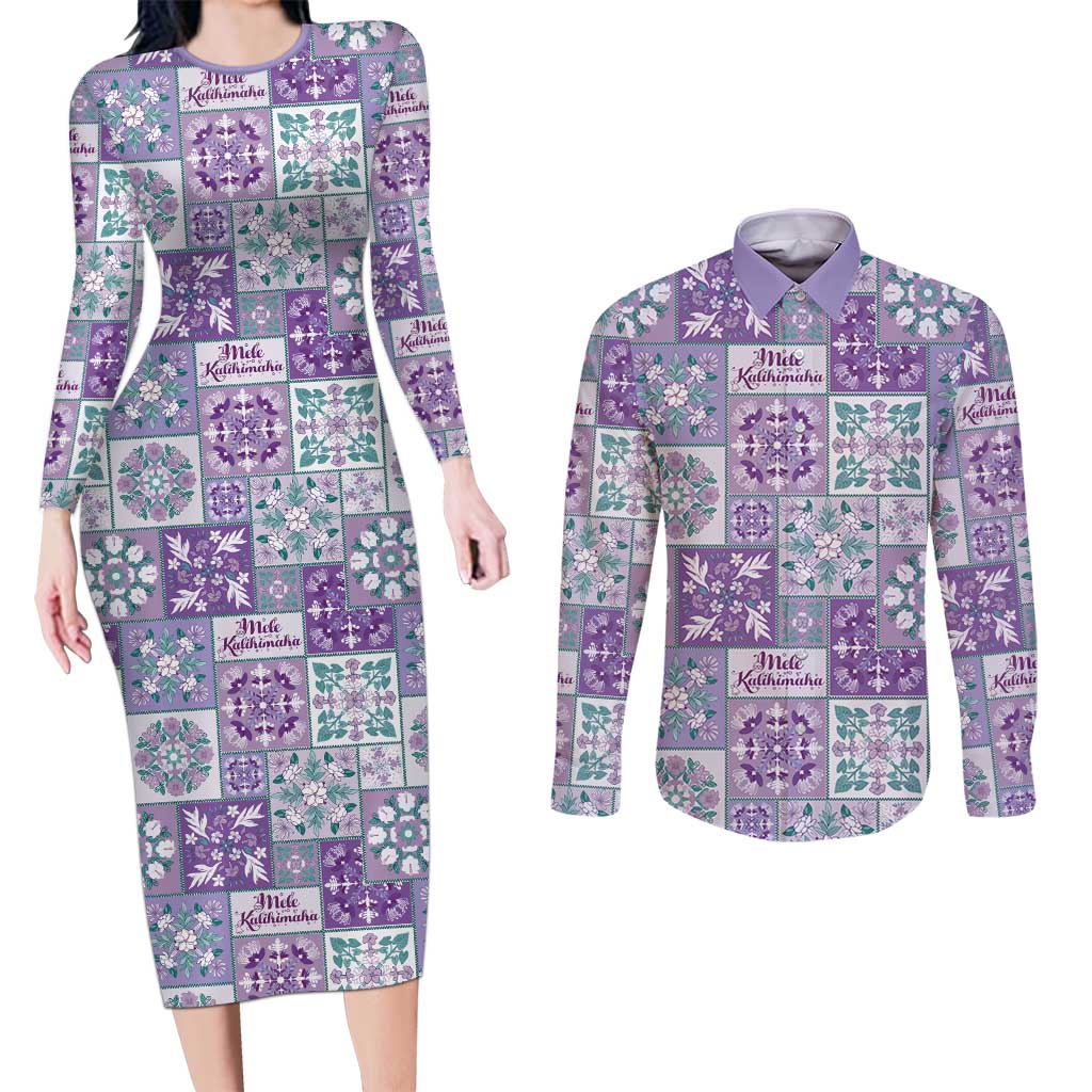 Mele Kalikimaka Hawaii Christmas Couples Matching Long Sleeve Bodycon Dress and Long Sleeve Button Shirt Poni Seamless Floral Motif - Polynesian Pride