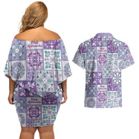 Mele Kalikimaka Hawaii Christmas Couples Matching Off Shoulder Short Dress and Hawaiian Shirt Poni Seamless Floral Motif - Polynesian Pride