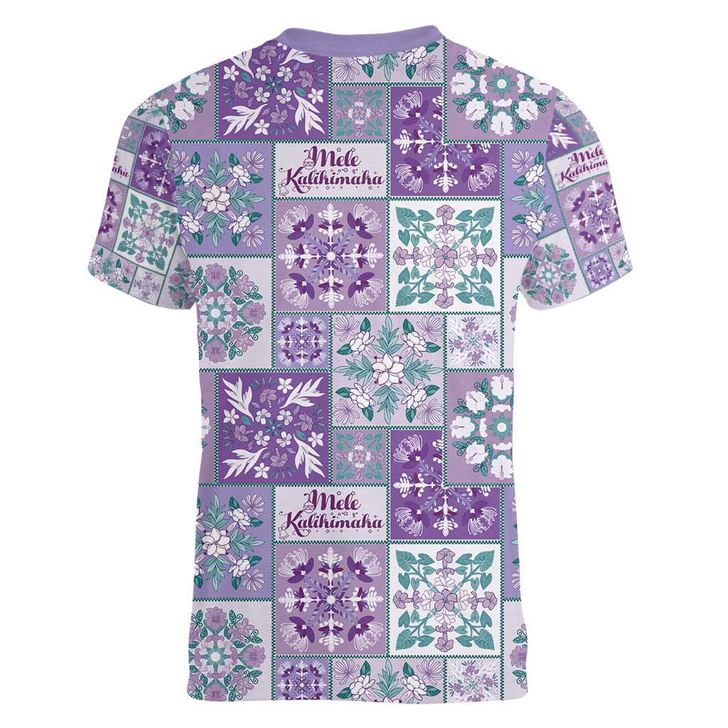 Mele Kalikimaka Hawaii Christmas Women V-Neck T-Shirt Poni Seamless Floral Motif - Polynesian Pride