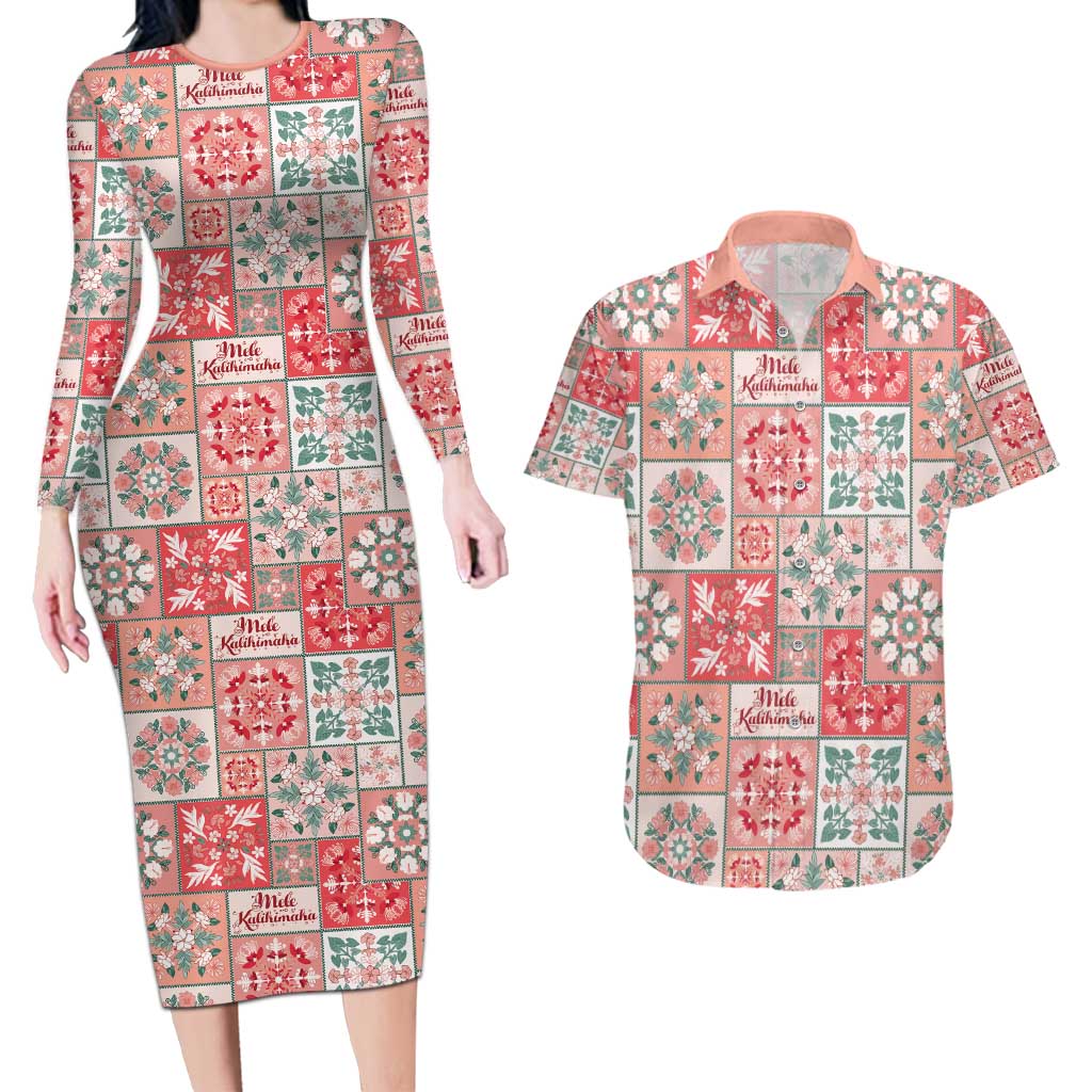 Mele Kalikimaka Hawaii Christmas Couples Matching Long Sleeve Bodycon Dress and Hawaiian Shirt Ulaula Seamless Floral Motif - Polynesian Pride