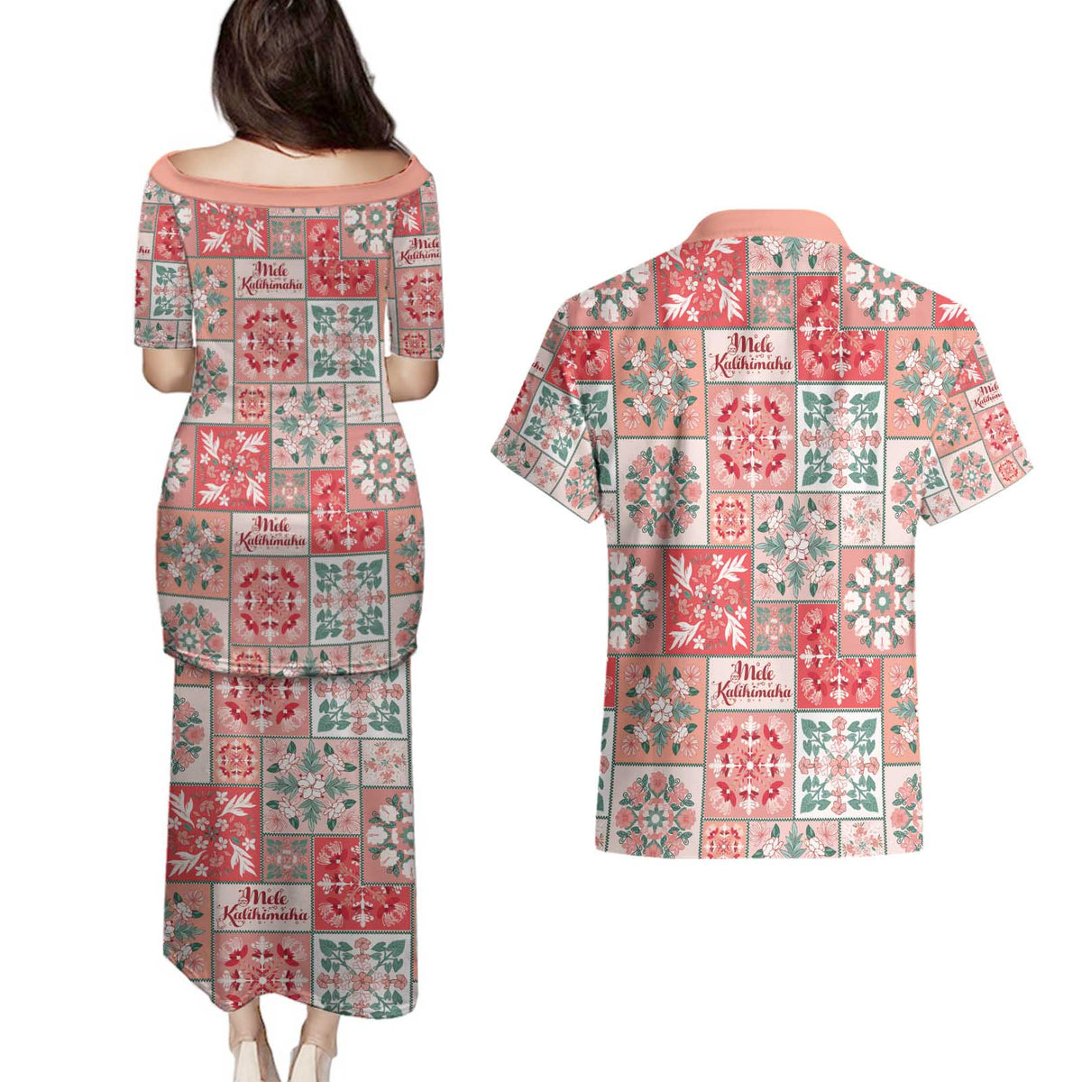 Mele Kalikimaka Hawaii Christmas Couples Matching Puletasi and Hawaiian Shirt Ulaula Seamless Floral Motif - Polynesian Pride