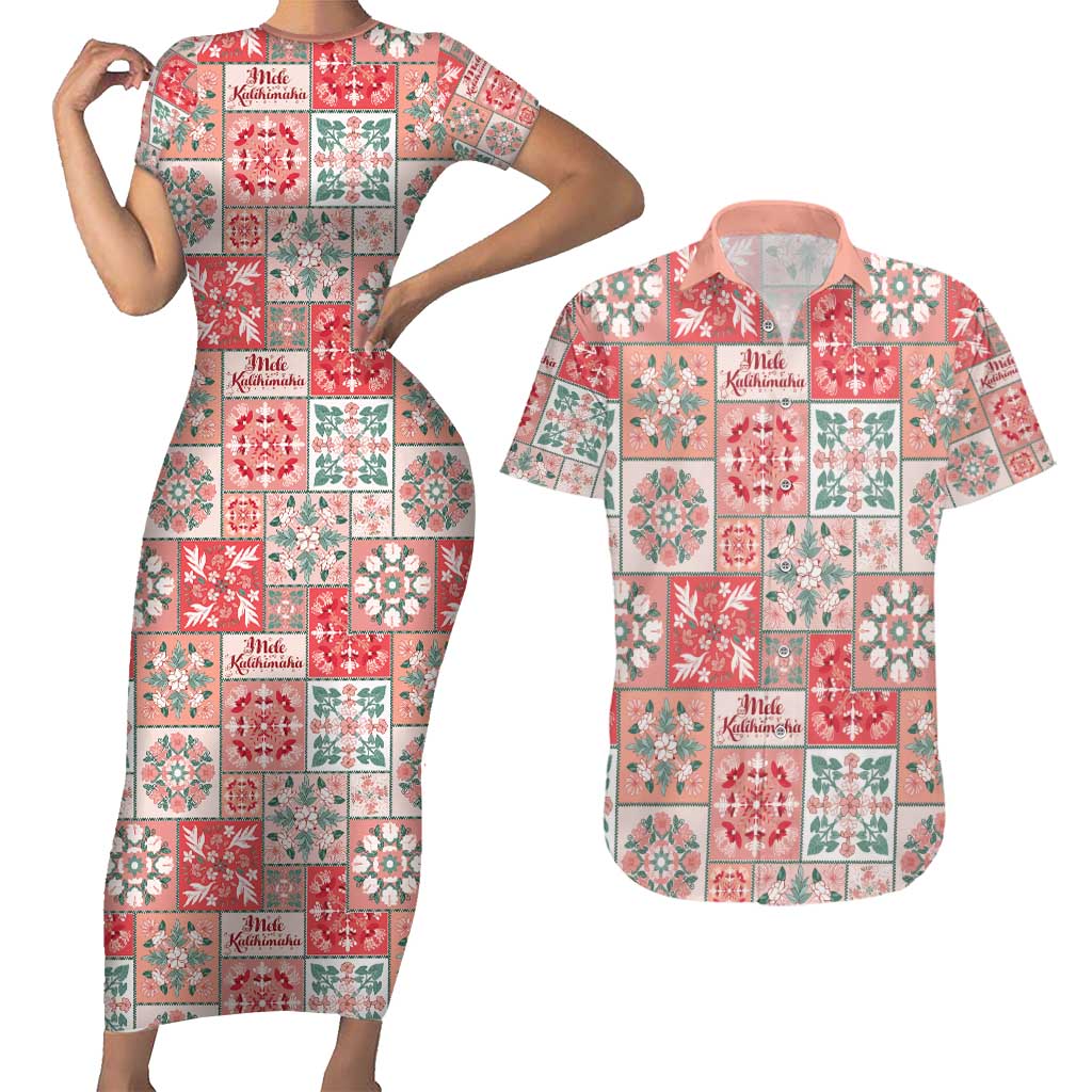 Mele Kalikimaka Hawaii Christmas Couples Matching Short Sleeve Bodycon Dress and Hawaiian Shirt Ulaula Seamless Floral Motif - Polynesian Pride