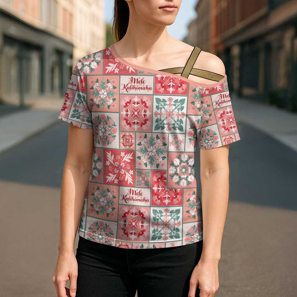 Mele Kalikimaka Hawaii Christmas Cross Shoulder Shirt Ulaula Seamless Floral Motif - Polynesian Pride