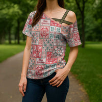 Mele Kalikimaka Hawaii Christmas Cross Shoulder Shirt Ulaula Seamless Floral Motif - Polynesian Pride