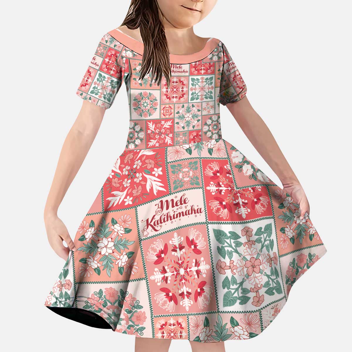 Mele Kalikimaka Hawaii Christmas Kid Short Sleeve Dress Ulaula Seamless Floral Motif - Polynesian Pride