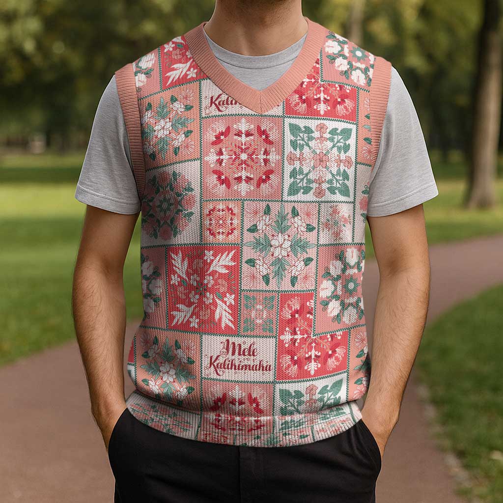 Mele Kalikimaka Hawaii Christmas Knitted V-Neck Vest Ulaula Seamless Floral Motif - Polynesian Pride