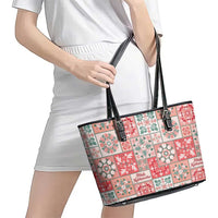 Mele Kalikimaka Hawaii Christmas Leather Tote Bag Ulaula Seamless Floral Motif - Polynesian Pride