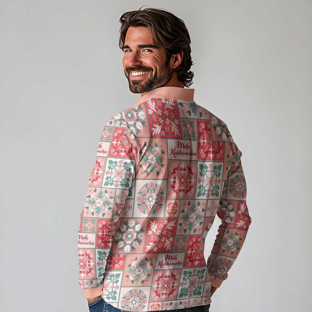 Mele Kalikimaka Hawaii Christmas Long Sleeve Polo Shirt Ulaula Seamless Floral Motif - Polynesian Pride