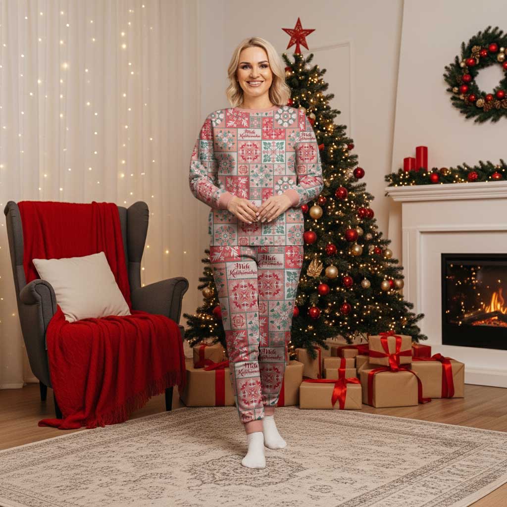 Mele Kalikimaka Hawaii Christmas Pajama Set Ulaula Seamless Floral Motif - Polynesian Pride