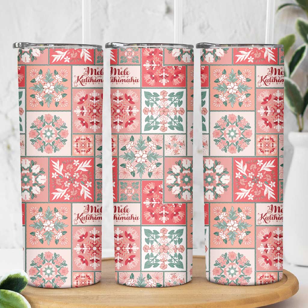 Mele Kalikimaka Hawaii Christmas Skinny Tumbler Ulaula Seamless Floral Motif - Polynesian Pride