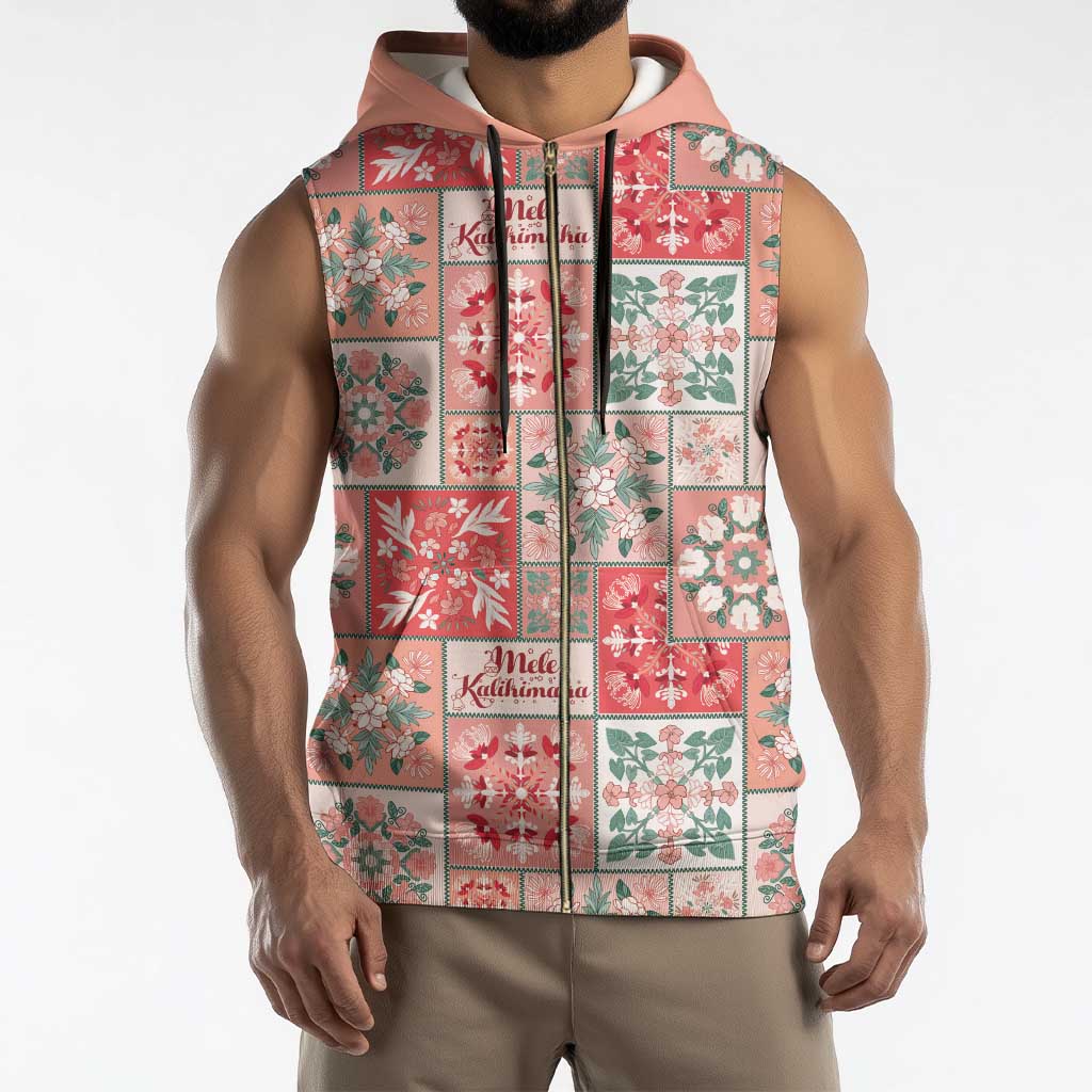 Mele Kalikimaka Hawaii Christmas Sleeveless Zip Hoodie Ulaula Seamless Floral Motif - Polynesian Pride