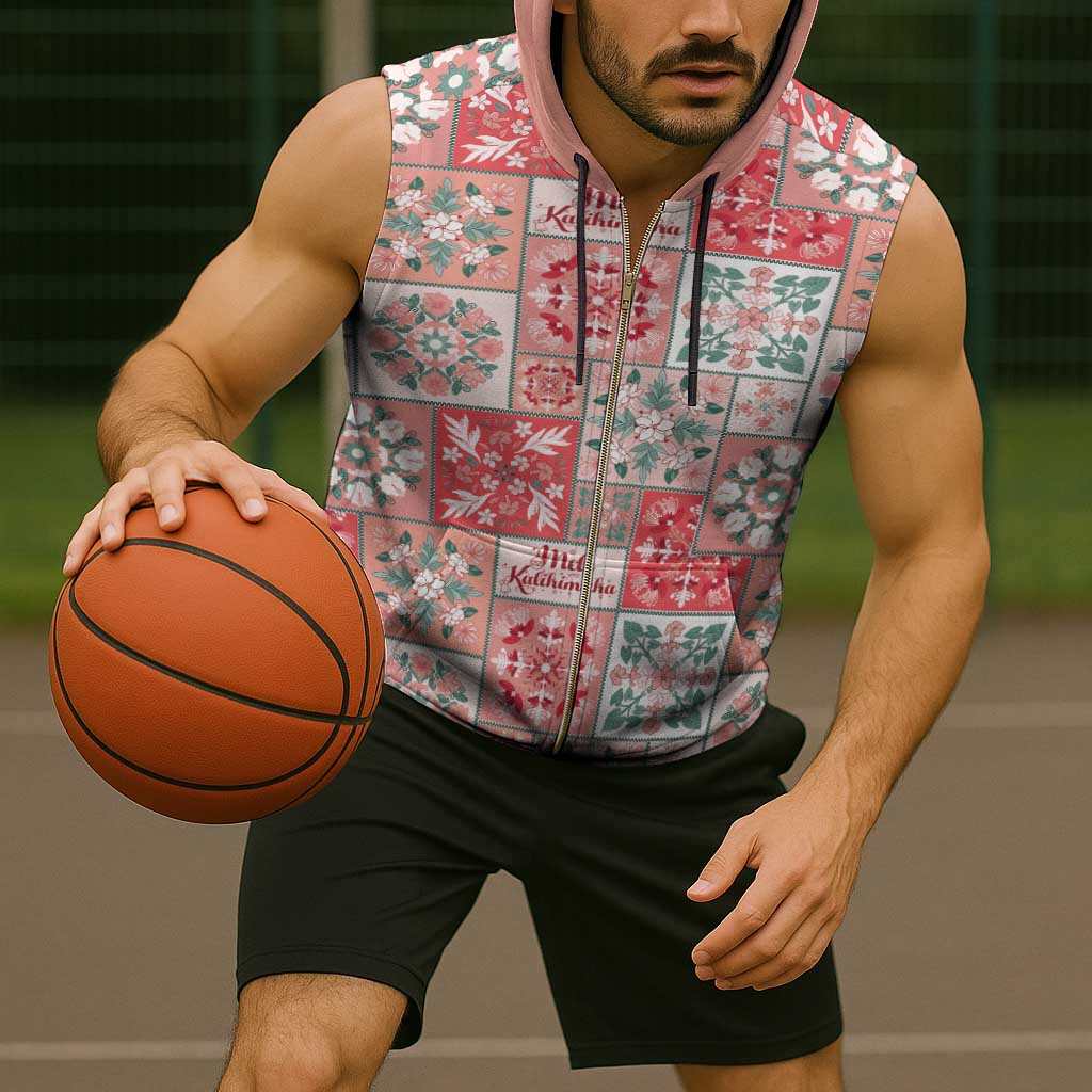 Mele Kalikimaka Hawaii Christmas Sleeveless Zip Hoodie Ulaula Seamless Floral Motif - Polynesian Pride