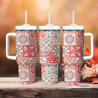 Mele Kalikimaka Hawaii Christmas Tumbler With Handle Ulaula Seamless Floral Motif - Polynesian Pride