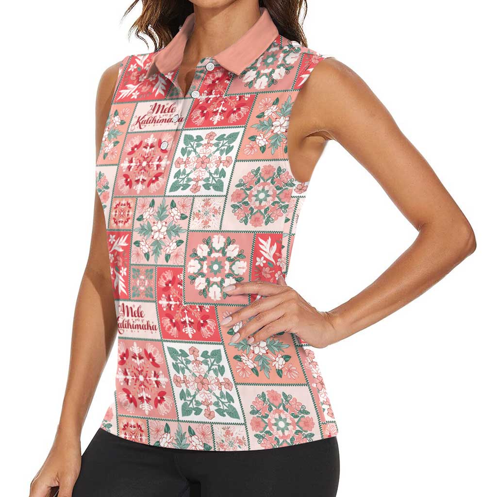 Mele Kalikimaka Hawaii Christmas Women Sleeveless Polo Shirt Ulaula Seamless Floral Motif - Polynesian Pride