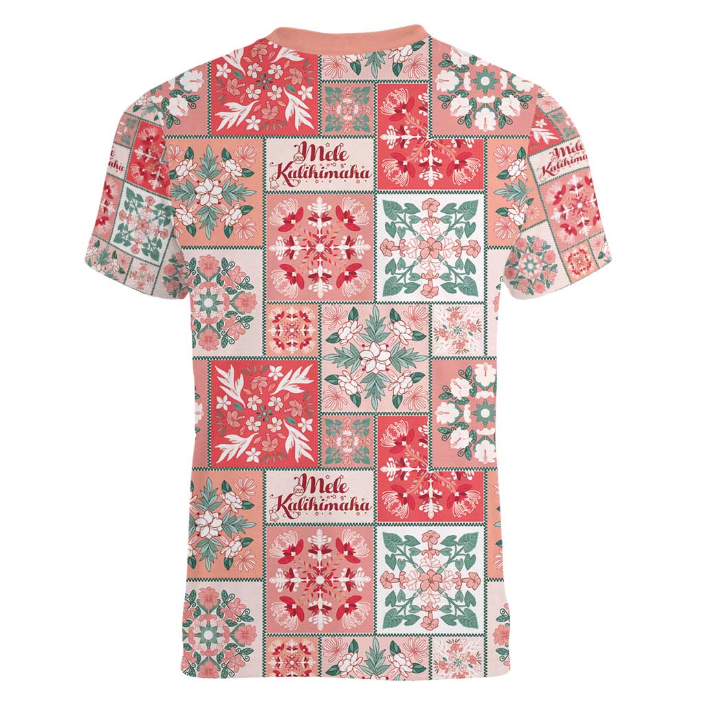 Mele Kalikimaka Hawaii Christmas Women V-Neck T-Shirt Ulaula Seamless Floral Motif - Polynesian Pride