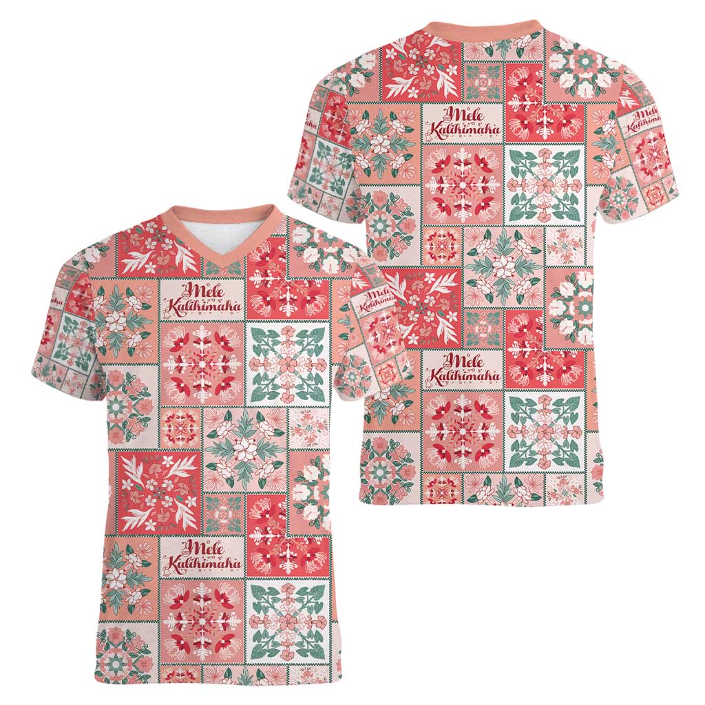Mele Kalikimaka Hawaii Christmas Women V-Neck T-Shirt Ulaula Seamless Floral Motif - Polynesian Pride