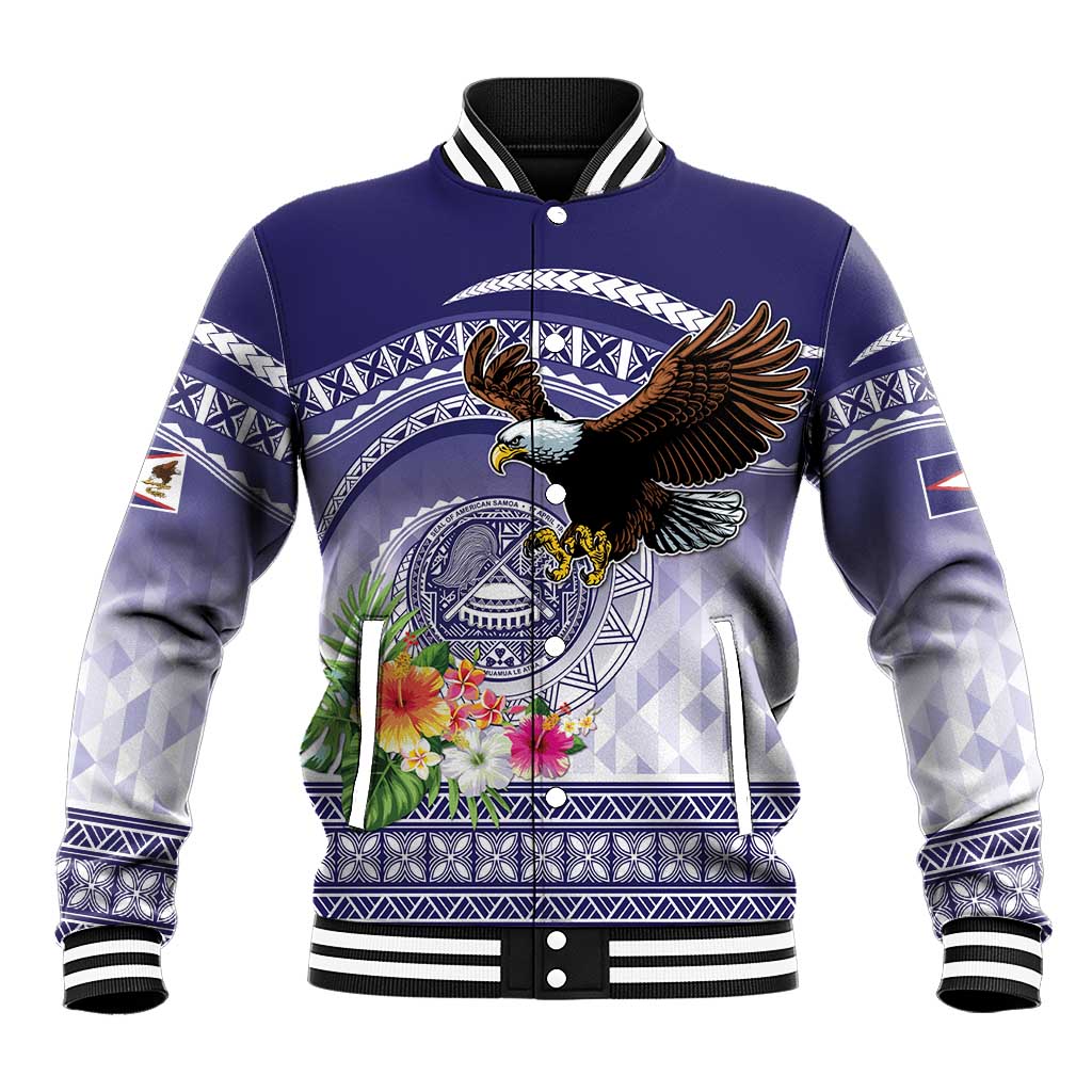 American Samoa Bald Eagle Baseball Jacket Polynesian Tropical Flowers LT9 Unisex Blue - Polynesian Pride