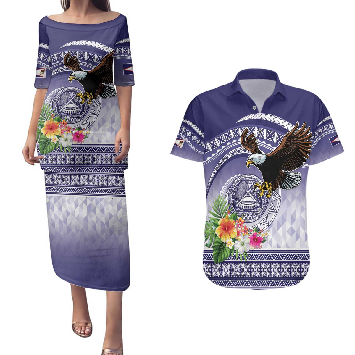 American Samoa Bald Eagle Couples Matching Puletasi and Hawaiian Shirt Polynesian Tropical Flowers LT9 Blue - Polynesian Pride