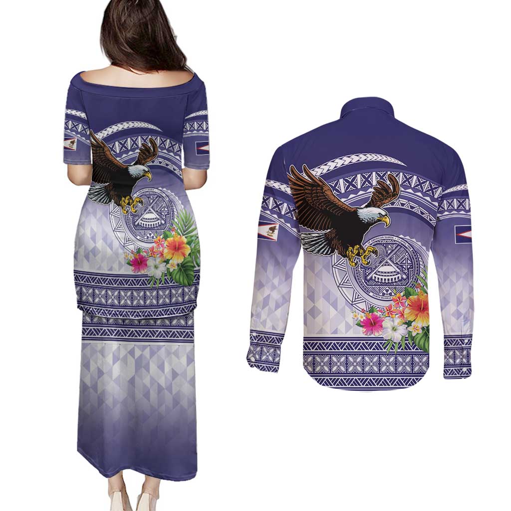 American Samoa Bald Eagle Couples Matching Puletasi and Long Sleeve Button Shirt Polynesian Tropical Flowers