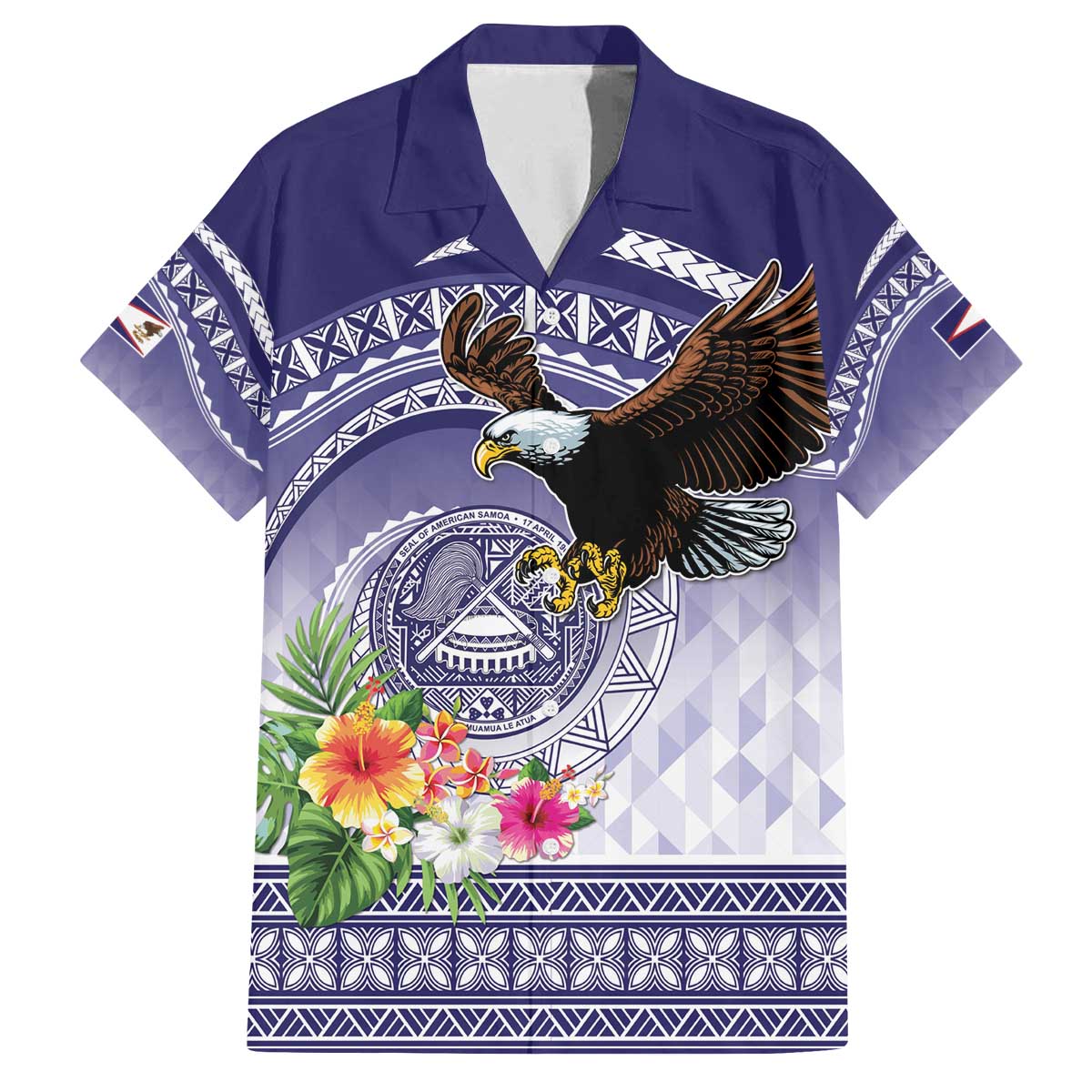 American Samoa Bald Eagle Family Matching Off The Shoulder Long Sleeve Dress and Hawaiian Shirt Polynesian Tropical Flowers