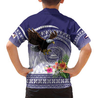 American Samoa Bald Eagle Family Matching Off Shoulder Short Dress and Hawaiian Shirt Polynesian Tropical Flowers