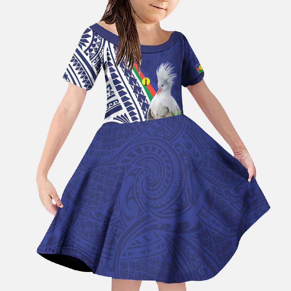 New Caledonia Kagu Bird Family Matching Long Sleeve Bodycon Dress and Hawaiian Shirt Polynesian Tropical Flowers LT9 Daughter's Dress Blue - Polynesian Pride