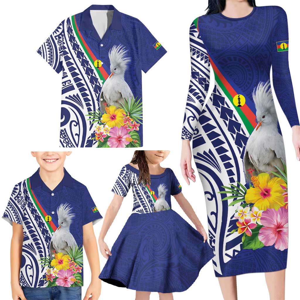 New Caledonia Kagu Bird Family Matching Long Sleeve Bodycon Dress and Hawaiian Shirt Polynesian Tropical Flowers LT9 - Polynesian Pride
