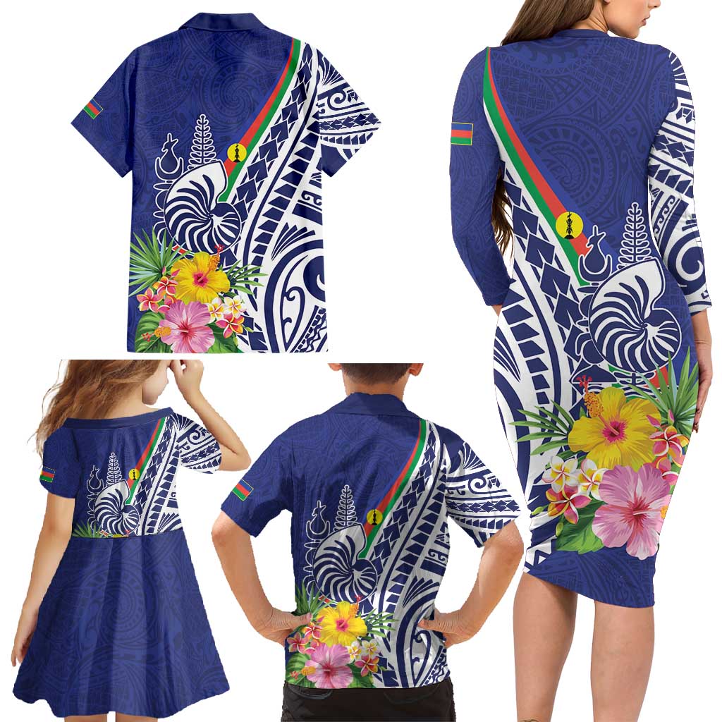 New Caledonia Kagu Bird Family Matching Long Sleeve Bodycon Dress and Hawaiian Shirt Polynesian Tropical Flowers LT9 - Polynesian Pride