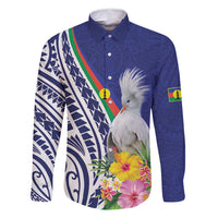 New Caledonia Kagu Bird Family Matching Long Sleeve Bodycon Dress and Hawaiian Shirt Polynesian Tropical Flowers LT9 Dad's Shirt - Long Sleeve Blue - Polynesian Pride