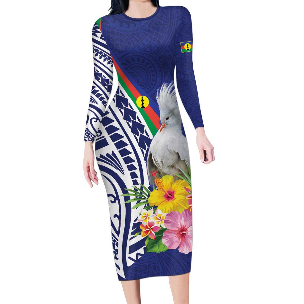 New Caledonia Kagu Bird Family Matching Long Sleeve Bodycon Dress and Hawaiian Shirt Polynesian Tropical Flowers LT9 Mom's Dress Blue - Polynesian Pride