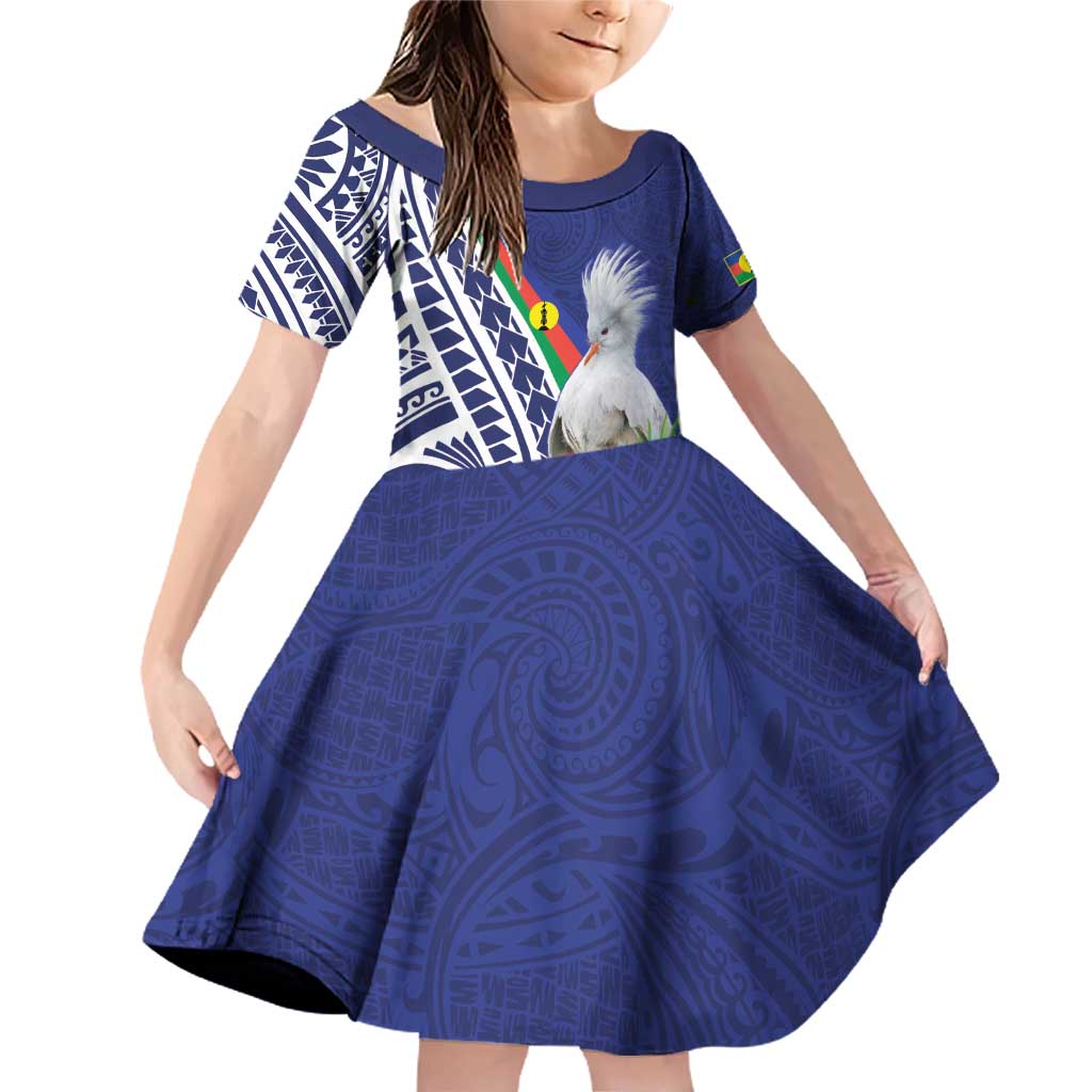 New Caledonia Kagu Bird Family Matching Off Shoulder Short Dress and Hawaiian Shirt Polynesian Tropical Flowers