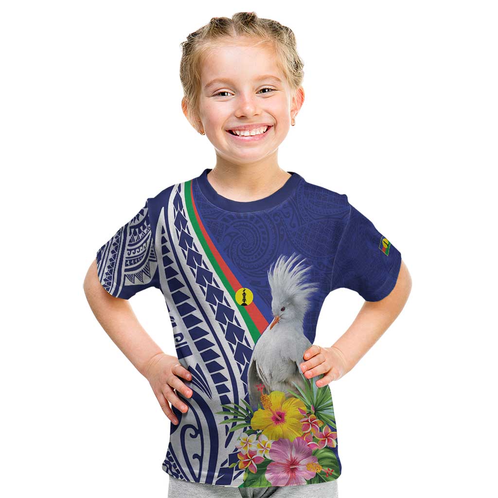New Caledonia Kagu Bird Kid T Shirt Polynesian Tropical Flowers LT9 Blue - Polynesian Pride
