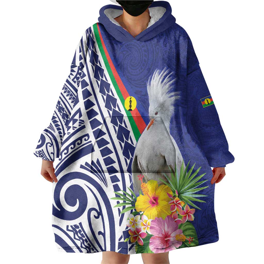 New Caledonia Kagu Bird Wearable Blanket Hoodie Polynesian Tropical Flowers