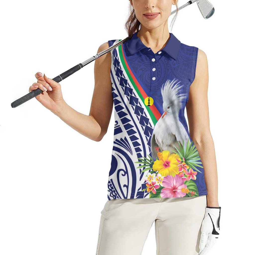 New Caledonia Kagu Bird Women Sleeveless Polo Shirt Polynesian Tropical Flowers
