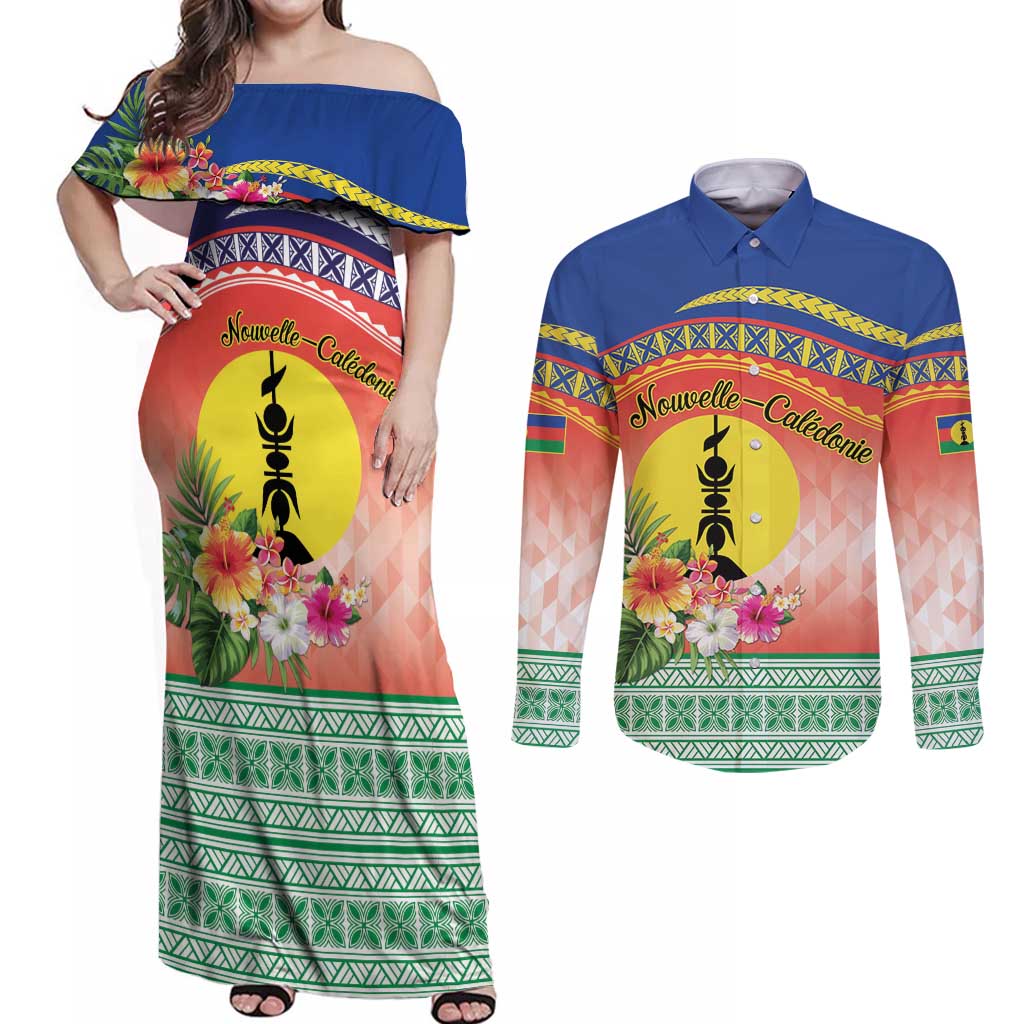 New Caledonia Nautilus Shell Couples Matching Off Shoulder Maxi Dress and Long Sleeve Button Shirt Polynesian Tropical Flowers LT9 Red - Polynesian Pride