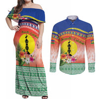 New Caledonia Nautilus Shell Couples Matching Off Shoulder Maxi Dress and Long Sleeve Button Shirt Polynesian Tropical Flowers LT9 Red - Polynesian Pride