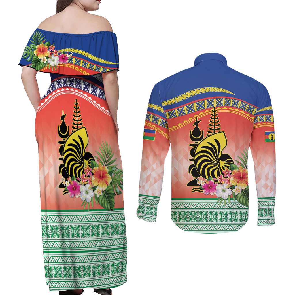 New Caledonia Nautilus Shell Couples Matching Off Shoulder Maxi Dress and Long Sleeve Button Shirt Polynesian Tropical Flowers LT9 - Polynesian Pride