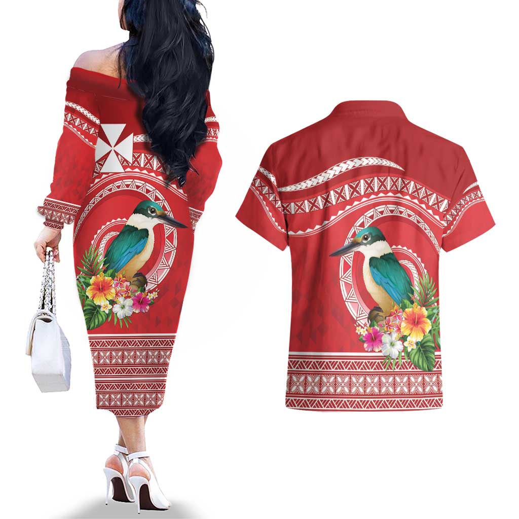 Wallis et Futuna Kingfisher Couples Matching Off The Shoulder Long Sleeve Dress and Hawaiian Shirt Polynesian Tropical Flowers